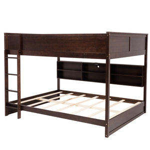 English Elm Queen Over Queen Floor Bunk Bed with Built-In Storage Shelves, USB Charging Station, Solid Pine Frame, Safety Rails and LadderDesigned for Space Saving and Modern Bedrooms Brown W504S00239