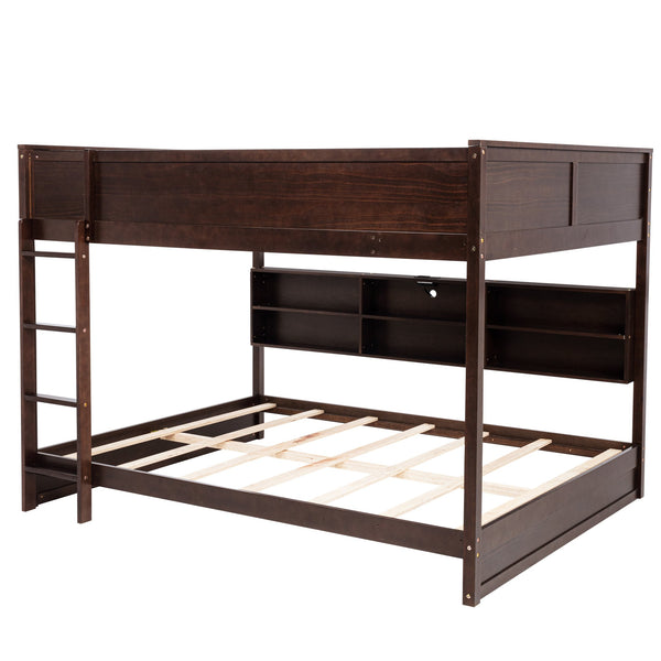 English Elm Queen Over Queen Floor Bunk Bed with Built-In Storage Shelves, USB Charging Station, Solid Pine Frame, Safety Rails and LadderDesigned for Space Saving and Modern Bedrooms Brown W504S00239
