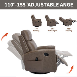 English Elm Camel Genuine Leather Massage Rocker Swivel Recliner with Heat and Lumbar Relief W1803P323716