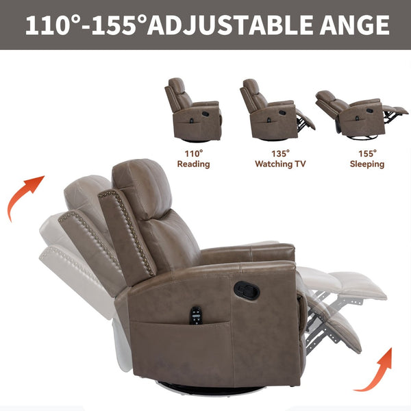 English Elm Camel Genuine Leather Massage Rocker Swivel Recliner with Heat and Lumbar Relief W1803P323716