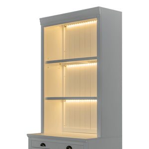 English Elm 83.4"tall Bookcase with Led Shelves Sliding Doors Open Storage Modern White N751S379857K