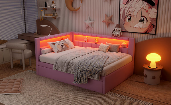 English Elm Upholstered Full Platform Bed with Trundle, Built-In USB Ports & LED Accent, Linen Upholstery Pink DL001925AAH