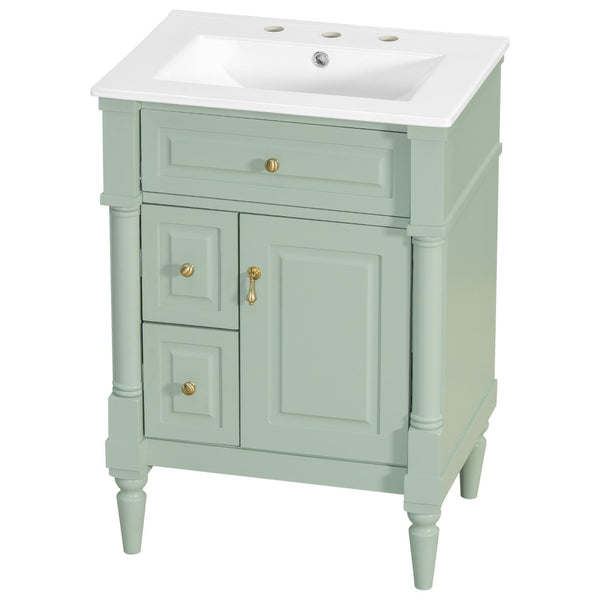 English Elm 24 Inch Freestanding Vanity with Ceramic Sink Rubberwood Frame Matte Finish Storage Green N725P356058F