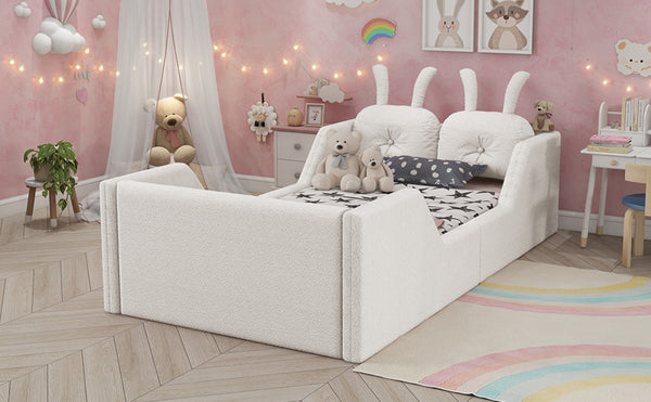 English Elm Twin Kids Platform Bed Teddy Fabric Upholstered with Bunny Cushions and Safety Rails White W2593P395806
