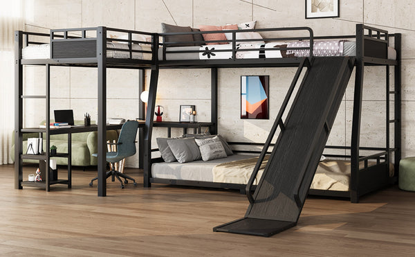 English Elm L-shaped Metal Triple Bunk Bed with Slide Desk Shelves Sleep Study Play Zone W1580S00280