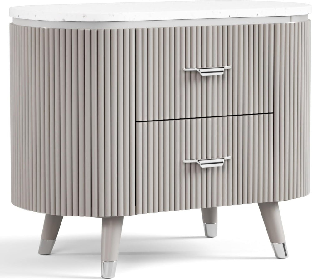 English Elm Contemporary Stone Top Nightstand Reeded Drawers Chrome Pulls Gray Bedroom Storage B2741P435312