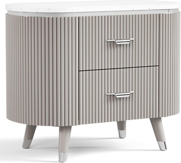 English Elm Contemporary Stone Top Nightstand Reeded Drawers Chrome Pulls Gray Bedroom Storage B2741P435312