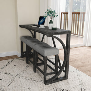 English Elm Bar Industrial Bar Table Set with Power Outlet and Upholstered Chairs, Space-Saving Dining Hub Grey+Black W487P333506