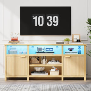 English Elm Highboy Media Console with Led Lighting Fluted Panels and Storage for Living Room T3773P416497