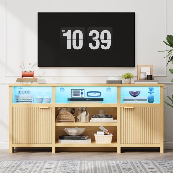 English Elm Highboy Media Console with Led Lighting Fluted Panels and Storage for Living Room T3773P416497