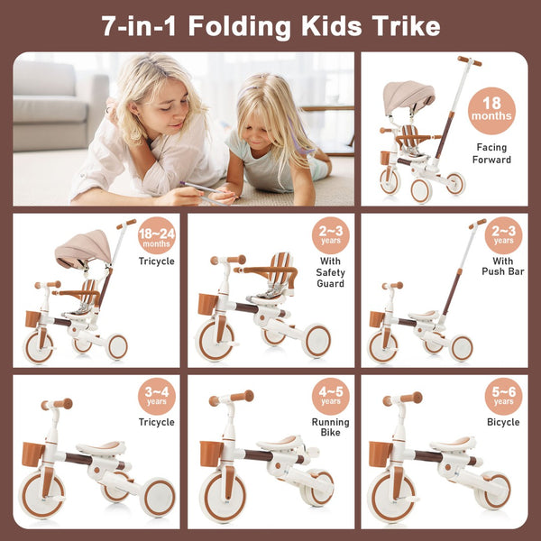 English Elm 7 in 1 Convertible Toddler Tricycle Aluminum Frame Push Trike with Rotating Seat Canopy Ivory N726P300636O