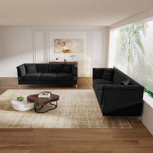 English Elm FX-P82-2PC Velvet Sofa Set of 2 — Plush Tufted 3-Seater Couches with Gold Metal Legs for Stylish Homes Black W576S00241