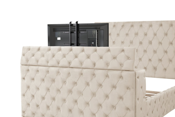 English Elm Encore Modern Tufted Queen Bed In Beige - Stylish Upholstered Design With Hidden Tv Compartment B009S01677