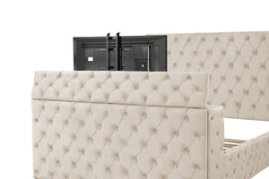 English Elm Encore Modern Tufted King Bed In Beige - Elegant Upholstered Design With Hidden Tv Storage Compartment B009S01649