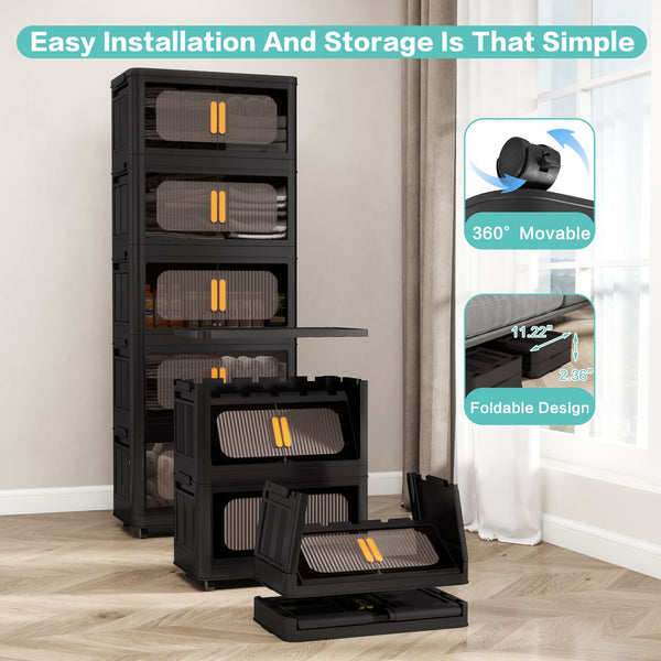 English Elm Black,24" Folding Storage Cabinet 4-Tier Collapsible Plastic Organizer with Wheels, Magnetic Door, Durable PP W2873P289712