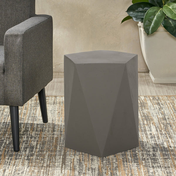 English Elm Christopher Knight Home® - APOLLO geometric concrete side table with gem-cut pentagon base, durable modern outdoor accent piece Light Gray 67525.00LGRY