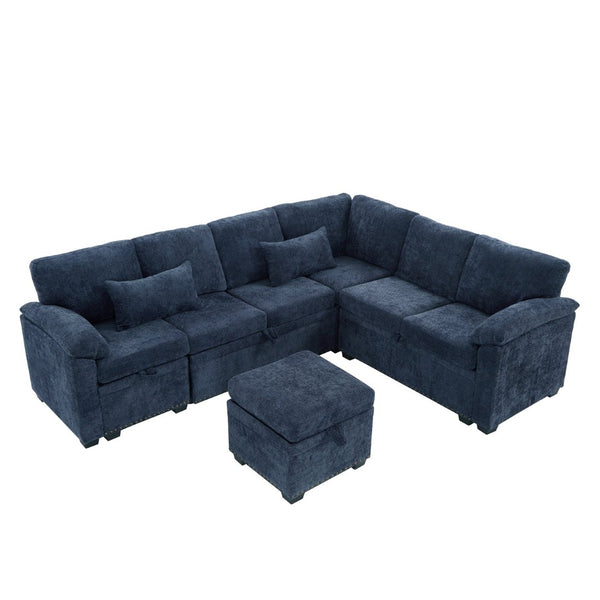 English Elm 97 Inch L-shaped Chenille Sectional Sofa with Sleeper Storage Ottoman 7 Seats Dark Blue W1669S00019