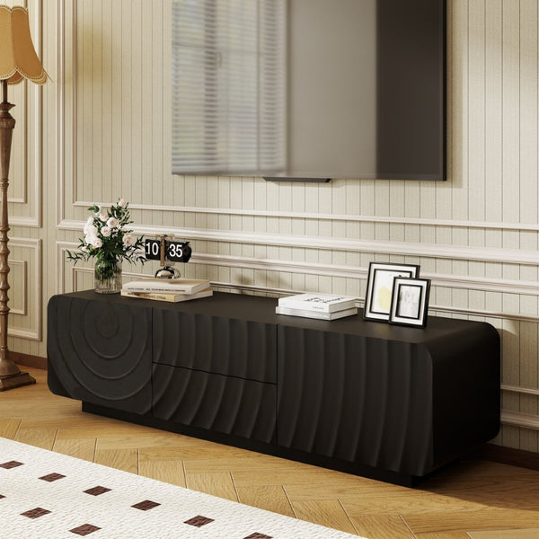 English Elm 58''tv Console Sculpted Spiral Wave Relief Walnut Mid-century Media Stand with Storage Black W2263P412355