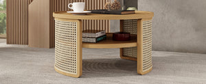 English Elm 2-Tiered Round Natural Wood Coffee Table with Rattan Storage Shelf, Thick Top, Curved Edge Design 31.3" N735P185131N
