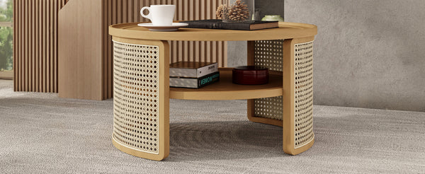 English Elm 2-Tiered Round Natural Wood Coffee Table with Rattan Storage Shelf, Thick Top, Curved Edge Design 31.3" N735P185131N