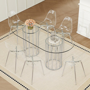 English Elm Table Oval Tempered Glass 7-piece Dining Set with Six Clear Chairs Silver Base W1151S04746