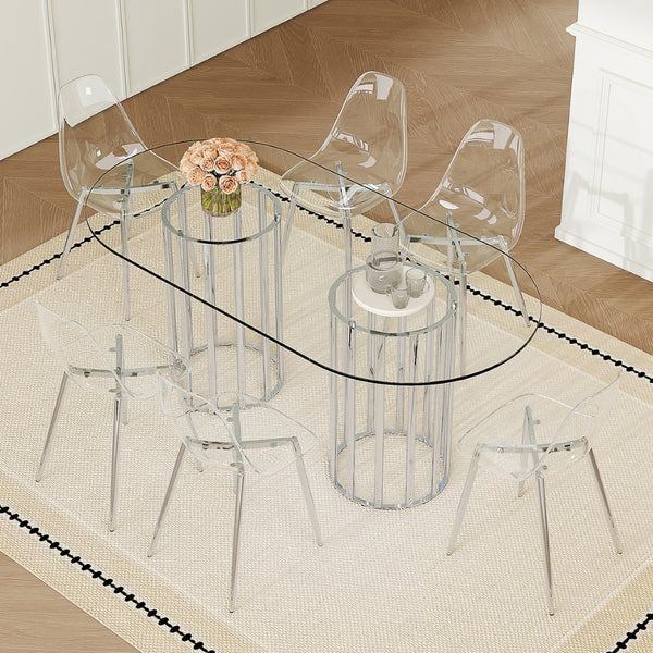English Elm Table Oval Tempered Glass 7-piece Dining Set with Six Clear Chairs Silver Base W1151S04746