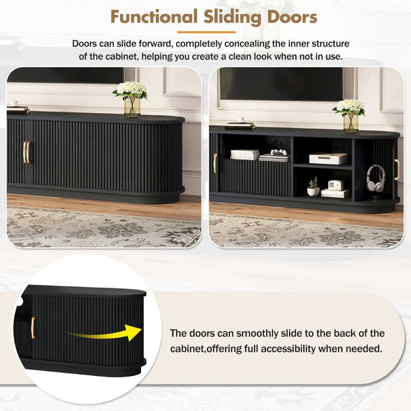 English Elm Vintage Farmhouse Media Console with Slatted Sliding Doors and Brass Hardware for Living Room Black N721P427206B