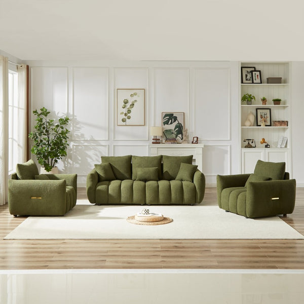English Elm 3 Piece Teddy Fleece Sofa Set with Two Armchairs Cozy Apartment Living Room Seating Green W1193S00179