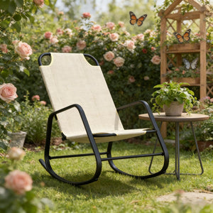 English Elm Relaxing Sling Fabric Outdoor Rocking Chair with Steel Frame for Porch or Poolside Deck T3971P445266
