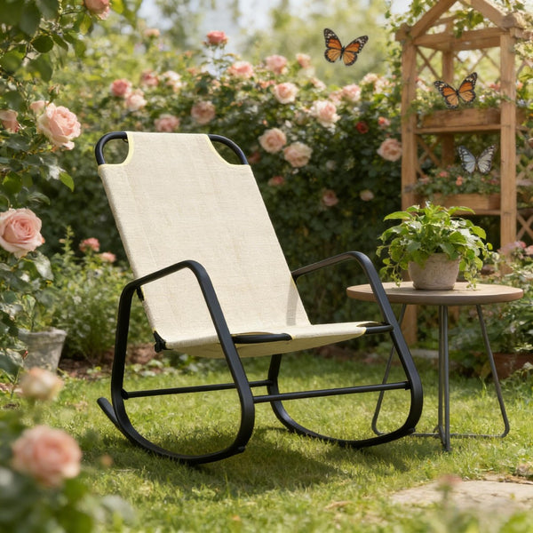 English Elm Relaxing Sling Fabric Outdoor Rocking Chair with Steel Frame for Porch or Poolside Deck T3971P445266