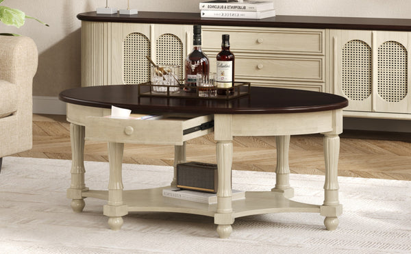 English Elm Vintage Oval Coffee Table With Drawer & Storage Shelf - French Country Charm For Living Rooms N735P277388K-GIGA