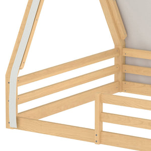 English Elm Twin Montessori Floor Bed Solid Pine Teepee Frame with Guardrails and Canopy Light Natural W1580P369468