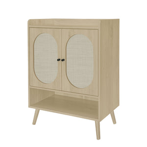 English Elm 2 Door Shoe Rack with Anti-Dump Safety, Pine Feet & Black Rounded Handles, 33.67x16.93x7.68 Inch W688P183853