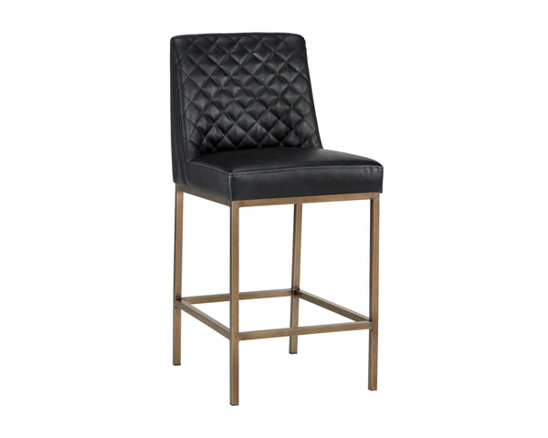 Sunpan Leighland Classic Barstool with Antique Brass Frame and Diamond-Stitched Faux Leather Upholstery Coal Black