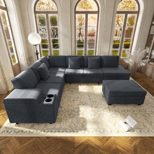 English Elm 110.2" Corduroy Sectional Sleeper Sofa with Ottoman Usb Ports Storage Armrests Living Room Dark Gray W3219S00012