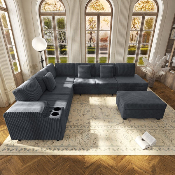 English Elm 110.2" Corduroy Sectional Sleeper Sofa with Ottoman Usb Ports Storage Armrests Living Room Dark Gray W3219S00012