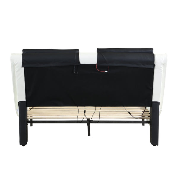 English Elm Faux Leather Queen Platform Bed with Rgb Lighting Bluetooth Speaker Massage Headboard W2297S00027