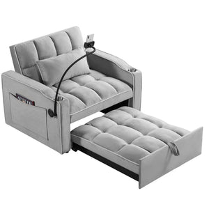 English Elm Convertible Sleeper Chair with USB & Cup Holders, Velvet Folding Pull-Out Sofa Bed for Small Spaces Grey W2353P186313