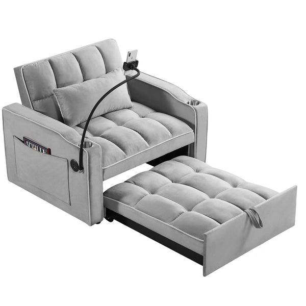 English Elm Convertible Sleeper Chair with USB & Cup Holders, Velvet Folding Pull-Out Sofa Bed for Small Spaces Grey W2353P186313