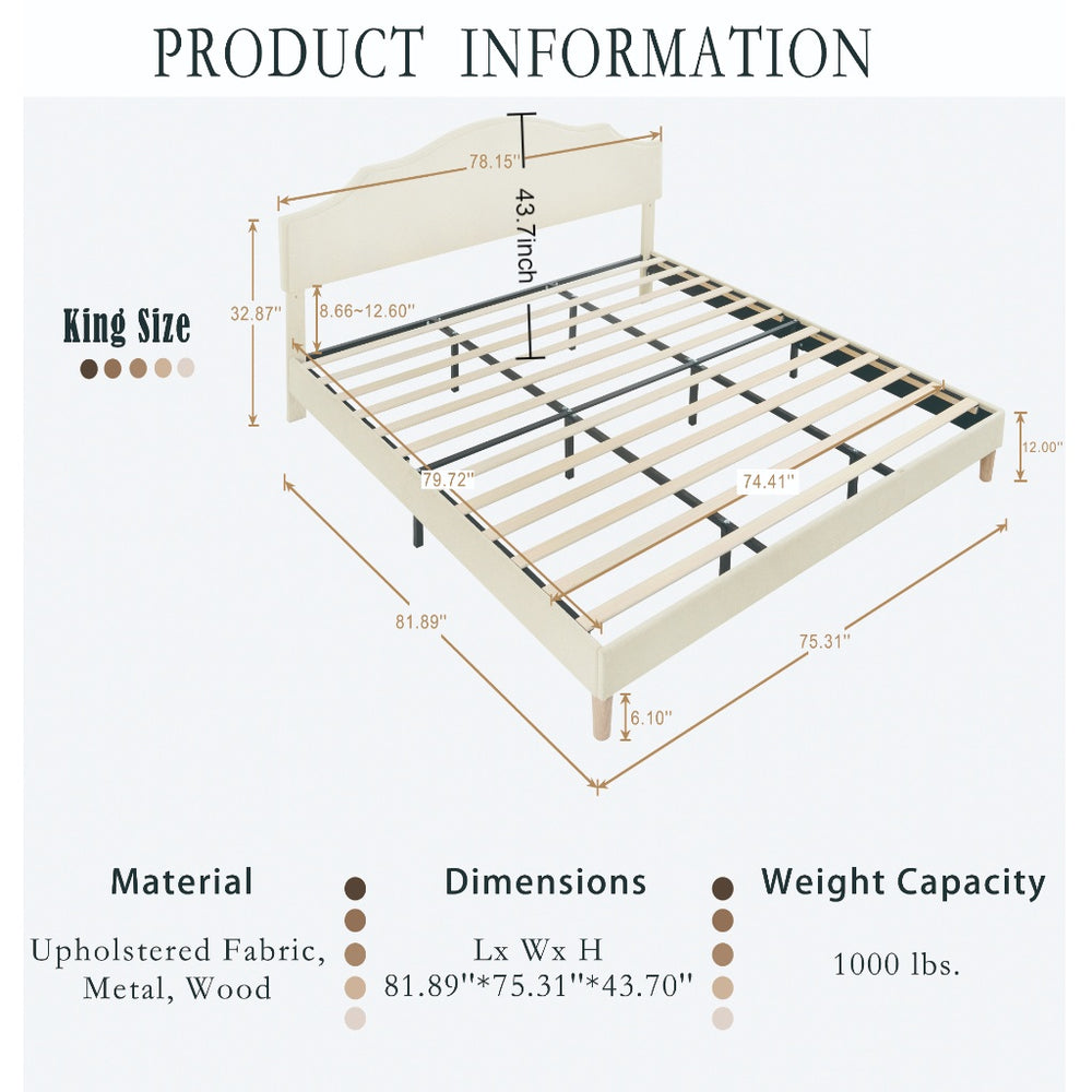 English Elm King Upholstered Platform Bed Frame King Size Linen Fabric Padded Headboard Adjustable 32.87"-37" Beige Modern Sturdy 1000lb Capacity W1716P280530