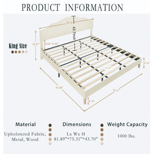 English Elm King Upholstered Platform Bed Frame King Size Linen Fabric Padded Headboard Adjustable 32.87"-37" Beige Modern Sturdy 1000lb Capacity W1716P280530