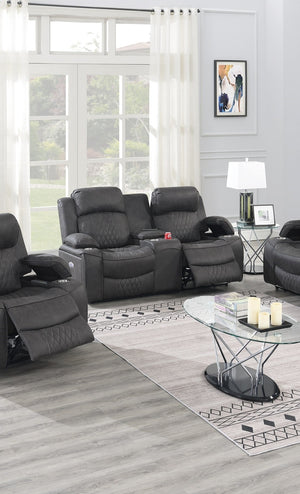 English Elm Power Motion Loveseat: Contemporary Charcoal Gel Leatherette With Usb, Cup Holders & Storage Arms B011S01068-GIGA