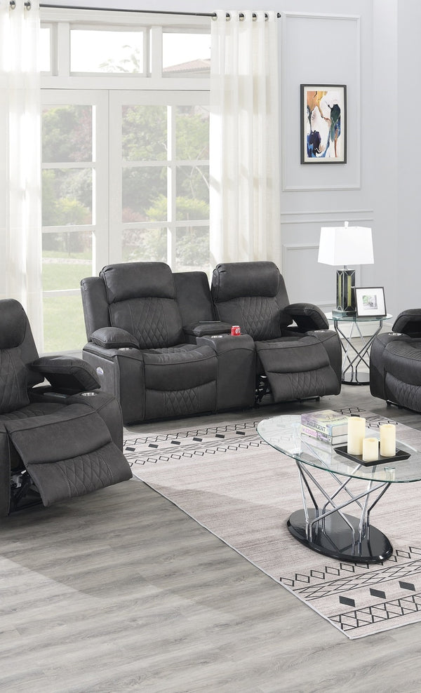 English Elm Power Motion Loveseat: Contemporary Charcoal Gel Leatherette With Usb, Cup Holders & Storage Arms B011S01068-GIGA