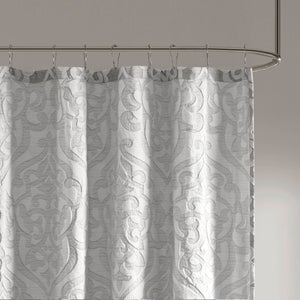 JLA Home Madison Park - Jacquard shower curtain with raised damask medallion weave on stria grey ground, 72x72, washable Silver/Silver MP70-6875
