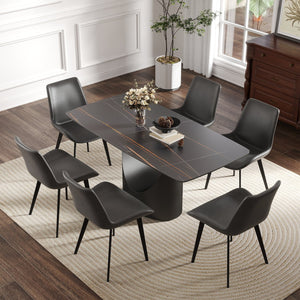 English Elm 63" Modern Dining Table With Curved Black Stone Top & Sturdy Iron Legs For 6-8 People Gatherings W1535S00559