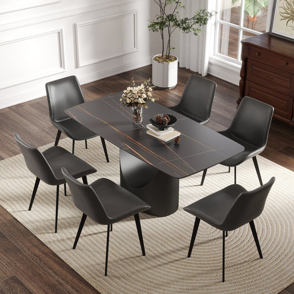 English Elm 63" Modern Dining Table With Curved Black Stone Top & Sturdy Iron Legs For 6-8 People Gatherings W1535S00559
