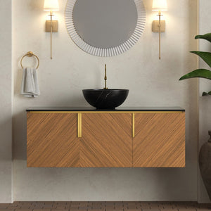 English Elm Arai 48" Floating Bathroom Vanity With Black Stone Countertop & Ceramic Basin, Brown Oak Finish W2615S00359