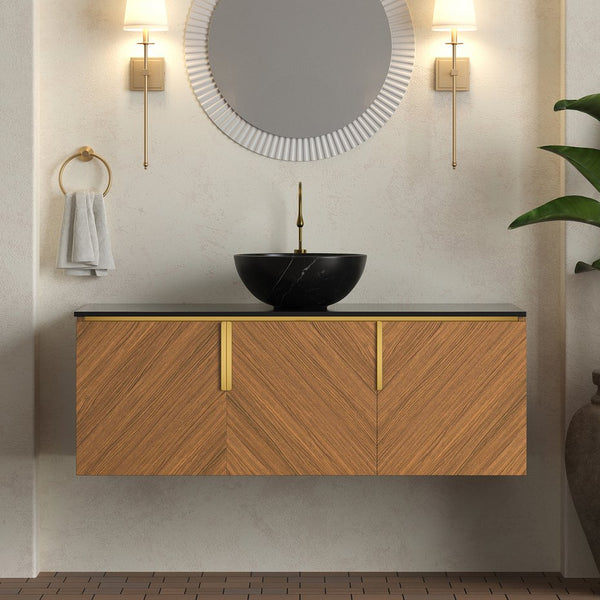 English Elm Arai 48" Floating Bathroom Vanity With Black Stone Countertop & Ceramic Basin, Brown Oak Finish W2615S00359