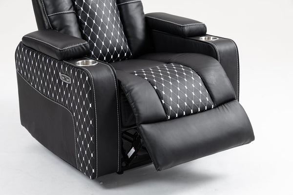 English Elm Lounge PU Leather Power Lift Recliner with Wireless Charging, Cup Holder, Side Pockets, Infinite Recline Black W547P190590