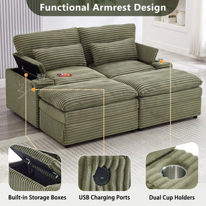 English Elm Loveseat Convertible Sectional Sofa Bed with Storage, Two Ottomans, Dual USB Ports & Cup Holders Green N719S002140F
